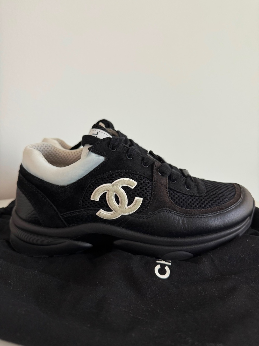 Chanel Black & White CC Logo Women's Sneakers - Picture 2 of 7